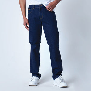 Model posing in a Wrangler Texas Indigo Stretch mens denim jeans.